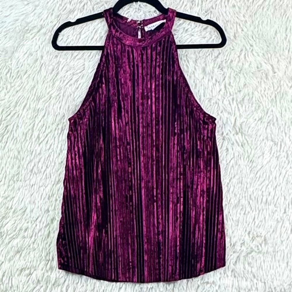 Loveriche Burgundy Crushed Velvet Halter Top Women's Small High Neck Y2K
